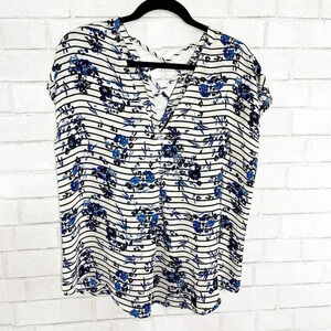Torrid Blue & White Floral Striped Strappy Back Blouse Women's Plus Size 00